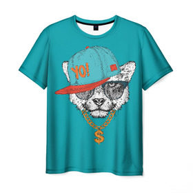 Мужская футболка 3D с принтом Гепард в кепке в Белгороде, 100% полиэфир | прямой крой, круглый вырез горловины, длина до линии бедер | animal | beast | cap | chain | cheetah | dollar | gold | head | гепард | голова | доллар | животное | зверь | золото | кепка | очки | цепь