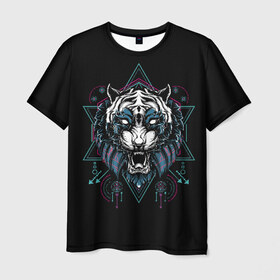 Мужская футболка 3D с принтом Тигр в Белгороде, 100% полиэфир | прямой крой, круглый вырез горловины, длина до линии бедер | beast | evil | fangs | grin | predator | sacral | signs | tiger | wild | дикий | зверь | злой | знаки | клыки | оскал | сакральные | тигр | хищник