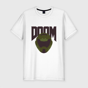 Мужская футболка хлопок Slim с принтом DOOM в Белгороде, 92% хлопок, 8% лайкра | приталенный силуэт, круглый вырез ворота, длина до линии бедра, короткий рукав | doom | doom eternal | game | minimalism | игры | минимализм