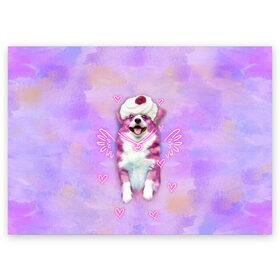 Поздравительная открытка с принтом Ангелок корги в Белгороде, 100% бумага | плотность бумаги 280 г/м2, матовая, на обратной стороне линовка и место для марки
 | dog | ангел | ангелок | еда | корги | мороженое | пес | пироженко | пирожное | сердечки | собака | собачка