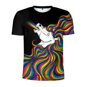 Мужская футболка 3D спортивная с принтом Белый конь с радужной гривой в Белгороде, 100% полиэстер с улучшенными характеристиками | приталенный силуэт, круглая горловина, широкие плечи, сужается к линии бедра | волны | конь | лошадь | радуга