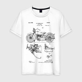 Мужская футболка хлопок с принтом Patent Harley в Белгороде, 100% хлопок | прямой крой, круглый вырез горловины, длина до линии бедер, слегка спущенное плечо. | harley | patent | байк | байкер | идея | история | механика | мото | мотоцикл | патент | разработка | харлей | чертеж | чертежи
