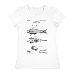 Женская футболка хлопок с принтом Patent - Artificial bait в Белгороде, 100% хлопок | прямой крой, круглый вырез горловины, длина до линии бедер, слегка спущенное плечо | patent | воблер | идея | история | крючок | патент | приманка | разработка | рыбак | рыбалка | туризм | удочка | чертеж | чертежи
