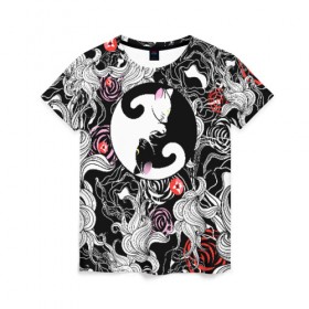 Женская футболка 3D с принтом Инь-Янь Котики в Белгороде, 100% полиэфир ( синтетическое хлопкоподобное полотно) | прямой крой, круглый вырез горловины, длина до линии бедер | домашние животные | животные | инь янь | котики | милость | растение | цветы