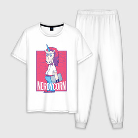 Мужская пижама хлопок с принтом Умный Единорог в Белгороде, 100% хлопок | брюки и футболка прямого кроя, без карманов, на брюках мягкая резинка на поясе и по низу штанин
 | geek | unicorn | гик | единорог