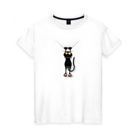 Женская футболка хлопок с принтом Кот Повис в Белгороде, 100% хлопок | прямой крой, круглый вырез горловины, длина до линии бедер, слегка спущенное плечо | домашнее животное | животное | кот | котенок