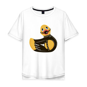 Мужская футболка хлопок Oversize с принтом Уточка bdsm в Белгороде, 100% хлопок | свободный крой, круглый ворот, “спинка” длиннее передней части | Тематика изображения на принте: кляп | кожа | латекс | птица | утка | уточка