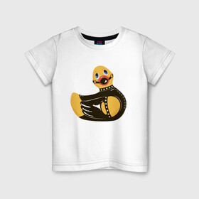 Детская футболка хлопок с принтом Уточка bdsm в Белгороде, 100% хлопок | круглый вырез горловины, полуприлегающий силуэт, длина до линии бедер | Тематика изображения на принте: кляп | кожа | латекс | птица | утка | уточка