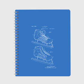 Тетрадь с принтом Patent - hocey в Белгороде, 100% бумага | 48 листов, плотность листов — 60 г/м2, плотность картонной обложки — 250 г/м2. Листы скреплены сбоку удобной пружинной спиралью. Уголки страниц и обложки скругленные. Цвет линий — светло-серый
 | patent | зима | игра | идея | история | коньки | лёд | патент | разработка | сибирь | спорт | хокей | хоккей | чертеж | чертежи