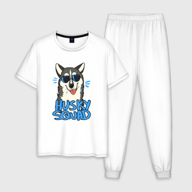 Мужская пижама хлопок с принтом Хаски в Белгороде, 100% хлопок | брюки и футболка прямого кроя, без карманов, на брюках мягкая резинка на поясе и по низу штанин
 | Тематика изображения на принте: собака | собака в очках | хаски