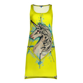 Платье-майка 3D с принтом Единорог Yellow Unicorn  в Белгороде, 100% полиэстер | полуприлегающий силуэт, широкие бретели, круглый вырез горловины, удлиненный подол сзади. | unicorn | yellow unicorn | единорог | единорожки | животные | лошади