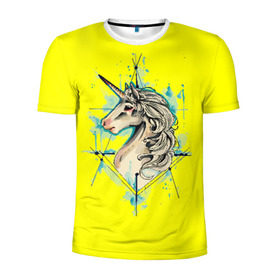 Мужская футболка 3D спортивная с принтом Единорог Yellow Unicorn в Белгороде, 100% полиэстер с улучшенными характеристиками | приталенный силуэт, круглая горловина, широкие плечи, сужается к линии бедра | unicorn | yellow unicorn | единорог | единорожки | животные | лошади