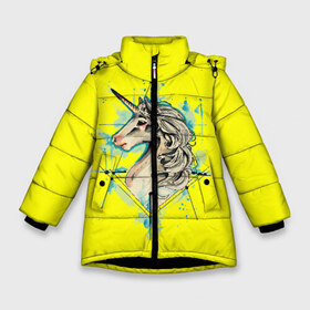 Зимняя куртка для девочек 3D с принтом Единорог Yellow Unicorn в Белгороде, ткань верха — 100% полиэстер; подклад — 100% полиэстер, утеплитель — 100% полиэстер. | длина ниже бедра, удлиненная спинка, воротник стойка и отстегивающийся капюшон. Есть боковые карманы с листочкой на кнопках, утяжки по низу изделия и внутренний карман на молнии. 

Предусмотрены светоотражающий принт на спинке, радужный светоотражающий элемент на пуллере молнии и на резинке для утяжки. | unicorn | yellow unicorn | единорог | единорожки | животные | лошади