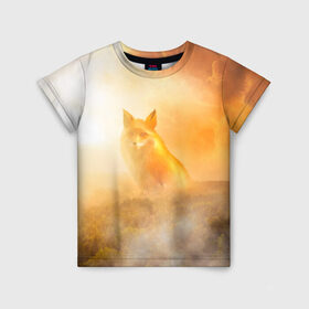 Детская футболка 3D с принтом Лисичка в тумане в Белгороде, 100% гипоаллергенный полиэфир | прямой крой, круглый вырез горловины, длина до линии бедер, чуть спущенное плечо, ткань немного тянется | animals | forest | fox | арт | животное | лес | лиса | лисичка | облака | рисунок | рыжая лиса | туман