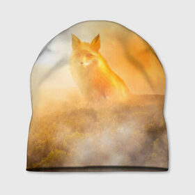Шапка 3D с принтом Лисичка в тумане в Белгороде, 100% полиэстер | универсальный размер, печать по всей поверхности изделия | animals | forest | fox | арт | животное | лес | лиса | лисичка | облака | рисунок | рыжая лиса | туман