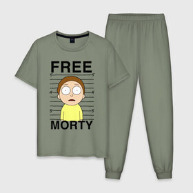 Мужская пижама хлопок с принтом Free Morty в Белгороде, 100% хлопок | брюки и футболка прямого кроя, без карманов, на брюках мягкая резинка на поясе и по низу штанин
 | c 137 | morty | morty smith | portal | rick | rick and morty | rick sanchez | sanchez | smith | морти | морти смит | портал | рик | рик и морти | рик санчез | санчез | смит