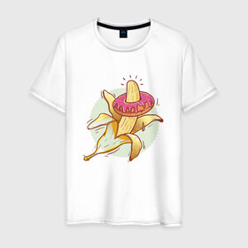 Мужская футболка хлопок с принтом Пончик на банане в Белгороде, 100% хлопок | прямой крой, круглый вырез горловины, длина до линии бедер, слегка спущенное плечо. | банан | кожура | пончик | ствол | фрукт