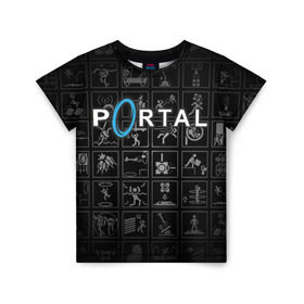 Детская футболка 3D с принтом Portal icons в Белгороде, 100% гипоаллергенный полиэфир | прямой крой, круглый вырез горловины, длина до линии бедер, чуть спущенное плечо, ткань немного тянется | half life | головоломка | иконки | пиктограммы | портал | телепорт