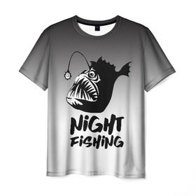 Мужская футболка 3D с принтом Рыба удильщик в Белгороде, 100% полиэфир | прямой крой, круглый вырез горловины, длина до линии бедер | angler | fin | fishing | jaw | lantern | night | rod | tail | teeth | глубина | зубы | ночь | плавник | рыбалка | удильщик | удочка | фонарик | хвост