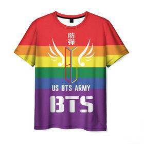 Мужская футболка 3D с принтом BTS Army в Белгороде, 100% полиэфир | прямой крой, круглый вырез горловины, длина до линии бедер | army | bangtan boys | beyond the scene | boys | bts | chin | edm | emblem | fans | hieroglyphs | hip hop | jimin | k pop | logo | rainbow | rb | rm | south korean | армия | бойбенд | ви | джей хоуп | иероглифы | логотип | мальчики | радуга | сюга | 