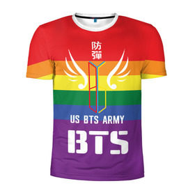 Мужская футболка 3D спортивная с принтом BTS Army в Белгороде, 100% полиэстер с улучшенными характеристиками | приталенный силуэт, круглая горловина, широкие плечи, сужается к линии бедра | army | bangtan boys | beyond the scene | boys | bts | chin | edm | emblem | fans | hieroglyphs | hip hop | jimin | k pop | logo | rainbow | rb | rm | south korean | армия | бойбенд | ви | джей хоуп | иероглифы | логотип | мальчики | радуга | сюга | 