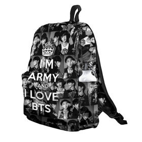 Рюкзак 3D с принтом I am army and I lover BTS в Белгороде, 100% полиэстер | лямки с регулируемой длиной, сверху петелька, чтобы рюкзак можно было повесить на вешалку. Основное отделение закрывается на молнию, как и внешний карман. Внутри два дополнительных кармана, один из которых закрывается на молнию. По бокам два дополнительных кармашка | Тематика изображения на принте: bangtan boys | beyond the scene | boyband | boys | bts | chin | chonguk | collage | crown | edm | flowers | hip hop | jimin | jj hope | k pop | photo | r  b | rm | south korean | suga | wee | бойбенд | ви | джей хоуп | коллаж | корона | мальчики | с