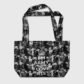 Пляжная сумка 3D с принтом I am army and I lover BTS в Белгороде, 100% полиэстер | застегивается на металлическую кнопку; внутренний карман застегивается на молнию. Стенки укреплены специальным мягким материалом, чтобы защитить содержимое от несильных ударов
 | bangtan boys | beyond the scene | boyband | boys | bts | chin | chonguk | collage | crown | edm | flowers | hip hop | jimin | jj hope | k pop | photo | r  b | rm | south korean | suga | wee | бойбенд | ви | джей хоуп | коллаж | корона | мальчики | с