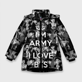 Зимняя куртка для девочек 3D с принтом I am army and I lover BTS в Белгороде, ткань верха — 100% полиэстер; подклад — 100% полиэстер, утеплитель — 100% полиэстер. | длина ниже бедра, удлиненная спинка, воротник стойка и отстегивающийся капюшон. Есть боковые карманы с листочкой на кнопках, утяжки по низу изделия и внутренний карман на молнии. 

Предусмотрены светоотражающий принт на спинке, радужный светоотражающий элемент на пуллере молнии и на резинке для утяжки. | Тематика изображения на принте: bangtan boys | beyond the scene | boyband | boys | bts | chin | chonguk | collage | crown | edm | flowers | hip hop | jimin | jj hope | k pop | photo | r  b | rm | south korean | suga | wee | бойбенд | ви | джей хоуп | коллаж | корона | мальчики | с