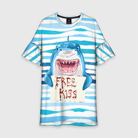 Детское платье 3D с принтом Free Kiss в Белгороде, 100% полиэстер | прямой силуэт, чуть расширенный к низу. Круглая горловина, на рукавах — воланы | free kiss | акула | бесплатные поцелуи | вода | кровь | море | объявление | острые зубы | поцелуй | рыба | табличка | хищник