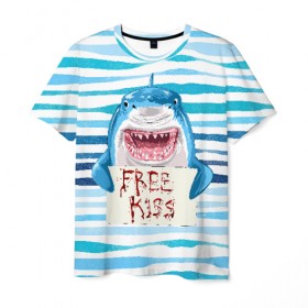 Мужская футболка 3D с принтом Free Kiss в Белгороде, 100% полиэфир | прямой крой, круглый вырез горловины, длина до линии бедер | free kiss | акула | бесплатные поцелуи | вода | кровь | море | объявление | острые зубы | поцелуй | рыба | табличка | хищник