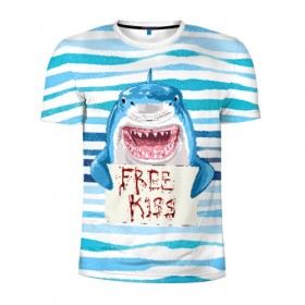 Мужская футболка 3D спортивная с принтом Free Kiss в Белгороде, 100% полиэстер с улучшенными характеристиками | приталенный силуэт, круглая горловина, широкие плечи, сужается к линии бедра | free kiss | акула | бесплатные поцелуи | вода | кровь | море | объявление | острые зубы | поцелуй | рыба | табличка | хищник