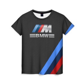 Женская футболка 3D с принтом BMW КАРБОН в Белгороде, 100% полиэфир ( синтетическое хлопкоподобное полотно) | прямой крой, круглый вырез горловины, длина до линии бедер | bmw | абстракция | авто | автомобиль | лого | логотип | машина | скорость