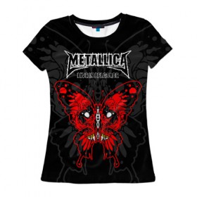 Женская футболка 3D с принтом Metallica в Белгороде, 100% полиэфир ( синтетическое хлопкоподобное полотно) | прямой крой, круглый вырез горловины, длина до линии бедер | american | butterfly | devil | fangs | james hetfield | kirk hammett | metal band | metallica | music | mystic | red | rock | skull | vampire | американская | бабочка | вампир | джеймс хетфилд | дьявол | кирк хэмметт | клыки | красная | ларс ульрих | мета