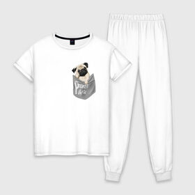 Женская пижама хлопок с принтом Мопс в кармане в Белгороде, 100% хлопок | брюки и футболка прямого кроя, без карманов, на брюках мягкая резинка на поясе и по низу штанин | Тематика изображения на принте: pug | карман | карманный мопс | малыш | милый | мопс | пес | песик | собака | собачка