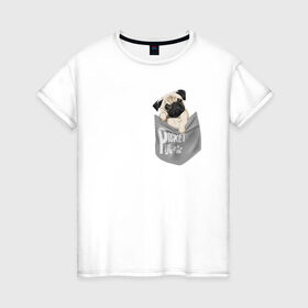 Женская футболка хлопок с принтом Мопс в кармане в Белгороде, 100% хлопок | прямой крой, круглый вырез горловины, длина до линии бедер, слегка спущенное плечо | Тематика изображения на принте: pug | карман | карманный мопс | малыш | милый | мопс | пес | песик | собака | собачка