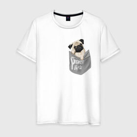 Мужская футболка хлопок с принтом Мопс в кармане в Белгороде, 100% хлопок | прямой крой, круглый вырез горловины, длина до линии бедер, слегка спущенное плечо. | Тематика изображения на принте: pug | карман | карманный мопс | малыш | милый | мопс | пес | песик | собака | собачка