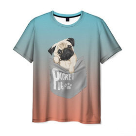 Мужская футболка 3D с принтом Карманный мопс в Белгороде, 100% полиэфир | прямой крой, круглый вырез горловины, длина до линии бедер | pug | карман | карманный мопс | малыш | милый | мопс | пес | песик | собака | собачка