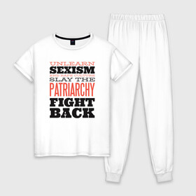 Женская пижама хлопок с принтом Феминизм в Белгороде, 100% хлопок | брюки и футболка прямого кроя, без карманов, на брюках мягкая резинка на поясе и по низу штанин | женские | надписи | надпись | равенство | феминизм