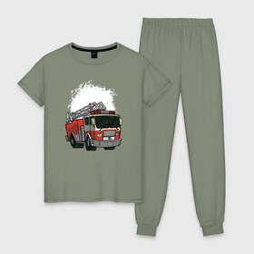 Женская пижама хлопок с принтом Пожарная Машина в Белгороде, 100% хлопок | брюки и футболка прямого кроя, без карманов, на брюках мягкая резинка на поясе и по низу штанин | огонь | пожар | пожарная | пожарная охрана | пожарник | пожарный