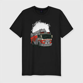 Мужская футболка премиум с принтом Пожарная Машина в Белгороде, 92% хлопок, 8% лайкра | приталенный силуэт, круглый вырез ворота, длина до линии бедра, короткий рукав | огонь | пожар | пожарная | пожарная охрана | пожарник | пожарный