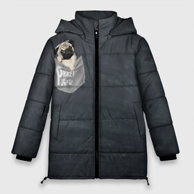 Женская зимняя куртка 3D с принтом Карманный мопс в Белгороде, верх — 100% полиэстер; подкладка — 100% полиэстер; утеплитель — 100% полиэстер | длина ниже бедра, силуэт Оверсайз. Есть воротник-стойка, отстегивающийся капюшон и ветрозащитная планка. 

Боковые карманы с листочкой на кнопках и внутренний карман на молнии | Тематика изображения на принте: pug | карман | карманный мопс | малыш | милый | мопс | пес | песик | собака | собачка
