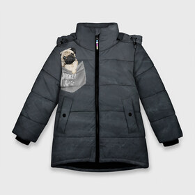 Зимняя куртка для девочек 3D с принтом Карманный мопс в Белгороде, ткань верха — 100% полиэстер; подклад — 100% полиэстер, утеплитель — 100% полиэстер. | длина ниже бедра, удлиненная спинка, воротник стойка и отстегивающийся капюшон. Есть боковые карманы с листочкой на кнопках, утяжки по низу изделия и внутренний карман на молнии. 

Предусмотрены светоотражающий принт на спинке, радужный светоотражающий элемент на пуллере молнии и на резинке для утяжки. | Тематика изображения на принте: pug | карман | карманный мопс | малыш | милый | мопс | пес | песик | собака | собачка