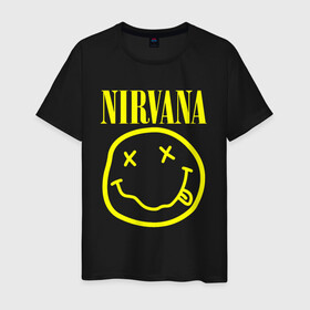 Мужская футболка хлопок с принтом NIRVANA в Белгороде, 100% хлопок | прямой крой, круглый вырез горловины, длина до линии бедер, слегка спущенное плечо. | Тематика изображения на принте: nirvana | smile | курт кобейн | нирвана | смайл