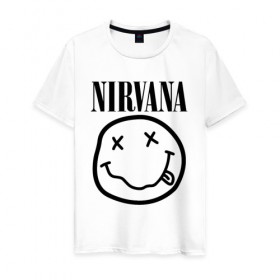 Мужская футболка хлопок с принтом NIRVANA в Белгороде, 100% хлопок | прямой крой, круглый вырез горловины, длина до линии бедер, слегка спущенное плечо. | nirvana | smile | курт кобейн | нирвана | смайл