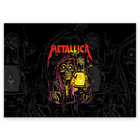 Поздравительная открытка с принтом Metallica  в Белгороде, 100% бумага | плотность бумаги 280 г/м2, матовая, на обратной стороне линовка и место для марки
 | american | death | fly | holds | james hetfield | kirk hammett | lantern | metal band | metallica | moths | music | mysticism | rock | skeleton | skull | американская | держит | джеймс хетфилд | ларс ульрих | летают | метал группа | металлика | мистика | 
