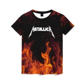 Женская футболка 3D с принтом METALLICA (НА СПИНЕ) в Белгороде, 100% полиэфир ( синтетическое хлопкоподобное полотно) | прямой крой, круглый вырез горловины, длина до линии бедер | fire | flame | metallica | металлика | огонь | пламя