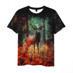 Мужская футболка 3D с принтом Олень в горящем лесу Сибири в Белгороде, 100% полиэфир | прямой крой, круглый вырез горловины, длина до линии бедер | животные | лес | огонь | олень | пламы | пожар | сибирь