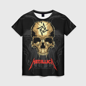 Женская футболка 3D с принтом Metallica в Белгороде, 100% полиэфир ( синтетическое хлопкоподобное полотно) | прямой крой, круглый вырез горловины, длина до линии бедер | american | james hetfield | kirk hammett | l | metal band | metallic | metallica | music | robot | rock | scales | sitting | skeleton | skull | throne | американская | джеймс хетфилд | кирк хэмметт | ларс ульрих | логотип | метал группа | металл