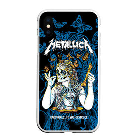 Чехол для iPhone XS Max матовый с принтом Metallica в Белгороде, Силикон | Область печати: задняя сторона чехла, без боковых панелей | Тематика изображения на принте: american | bone | butterflies | death | fly | girl | head | james hetfield | kirk hammett | metal band | metallica | music | plate | rock | skull | statue of liberty | американская | бабочки | голова | девушка | держит | кость | кушает | летают | металлик