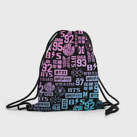 Рюкзак-мешок 3D с принтом BTS LOGOBOMBING в Белгороде, 100% полиэстер | плотность ткани — 200 г/м2, размер — 35 х 45 см; лямки — толстые шнурки, застежка на шнуровке, без карманов и подкладки | bangtan boys | bt21 | bts | бтс